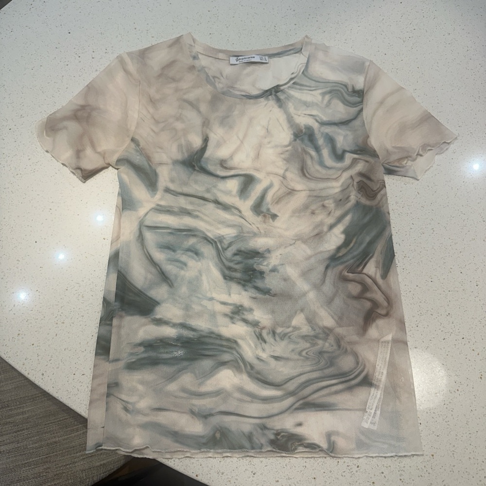 Stradivarius Swirl Pattern Short Sleeve Tee - Cream and Gray